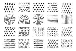 Hand drawn abstract doodle patterns with various shapes and lines. Geometric simple minimalistic patterns set vector