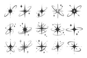 Sparkling starburst elements in various styles. Star burst, flash stars. Shining lights, glowing rays and flare effect vector
