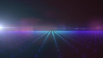 A neon purple and blue glowing digital grid with futuristic elements representing virtual reality and data technology background, evoking retro sci-fi aesthetics video