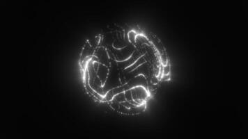 A white glowing sphere composed of swirling points of light, appearing as a digital construct in deep space background, in high quality 4k, motion design video
