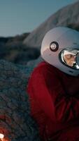 Lone Astronaut Prepares For The Night In A Mountain Of A Hostile Planet video