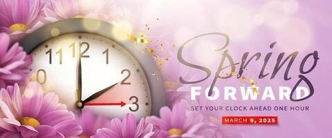 Spring Forward. Daylight saving time banner with realistic black 3d clock, bright sun rays, bokeh and pink chrysanthemum flowers. Text reminder of time change one hour forward vector