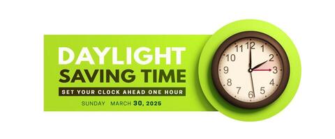 Daylight saving time. Spring Forward banner with realistic black 3d wall clock on green background. Set your clock ahead one hour. Clock Dial with hands vector