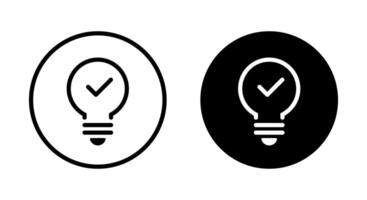 Light bulb check mark icon on black circle. Lamp with tick sign symbol vector