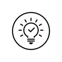 Light bulb outline with check mark icon on circle line. Lamp with tick sign symbol vector