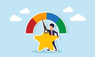A businessman adjusts the indicator needle attached to a star, illustration of adjusting product quality and business performance vector