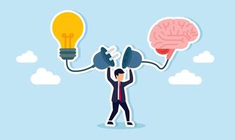 A businessman holds an electrical plug, with one side connected to a light and the other to a brain, illustration of efforts to find business ideas and innovations vector