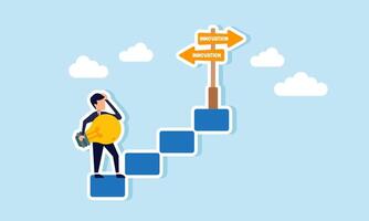 A businessman with a lamp stands on a staircase step, confused by a signpost that says INNOVATION, illustration of uncertainty in choosing an idea relevant to the market vector