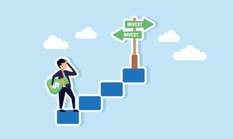 A businessman with a money bag stands on a staircase step, confused by a signpost that says INVEST, illustration of uncertainty in choosing the right investment model vector