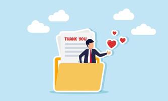 A businessman sprinkles several hearts out of a folder containing papers with the words THANK YOU, illustration of appreciation, satisfaction, and gratitude for good performance vector