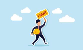 A businessman runs while carrying a light bulb and a board that says I QUIT, illustration of escaping business competition to switch fields with ideas and innovation vector