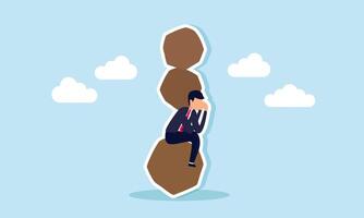 A businessman sits on a rock, bearing the weight of a stack of stones, illustration of heavy business and work burdens and overload vector