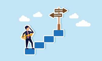 A businessman with a key stands on a staircase step, confused by a signpost that says SOLUTION, illustration of uncertainty in finding the right solution for business problems vector