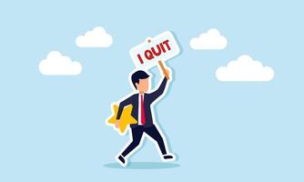 A businessman runs while carrying a star and a board that says I QUIT, illustration of escaping business competition to switch fields with strong personal quality vector