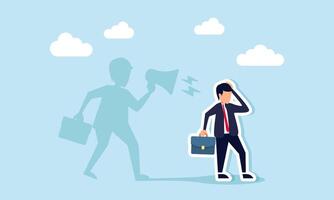 A businessman feels depressed and stressed as his shadow behind him yells at him using a megaphone, illustration of overthinking, depression, and stress vector