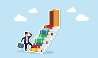 A businessman starts climbing stairs made of stacked books to reach a door at the top, illustration of progress in completing a business report vector