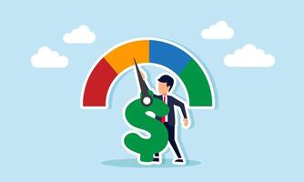 A businessman adjusts the indicator needle attached to a dollar sign, illustration of adjusting business finances vector