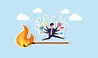 A businessman with multiple hands holding business management elements runs away from a burning match, illustration of multitasking to chase time or work deadlines vector