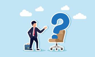 A businessman appears to be talking to a question mark sitting on a chair, illustration of questioning job availability for a position vector
