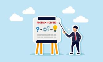 A businessman as if teach on a board with a question mark, system gear, light bulb, and the words PROBLEM SOLVING, illustration of explaining problem solving focus on ideas vector