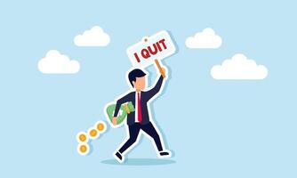 A businessman runs while carrying a money sack and a board that says I QUIT, illustration of escaping business competition to switch fields with strong financial capital vector