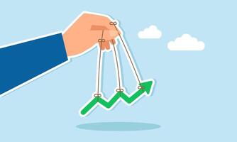A hand moves a line chart using strings tied to its fingers, illustration of a trigger to boost business performance, profit, and revenue vector