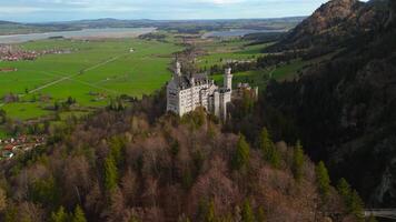 Aerial view Neuschwanstein Castle and bridge Marienbrucke across Pollat gorge in Ammergau Alps. View of famous Neuschwanstein Castle, Fussen, Bavaria, Germany and Marys bridge over cliff video