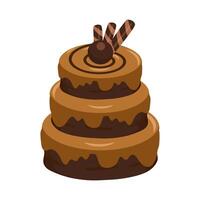 A layered chocolate cake with dripping glaze and wafer roll topping. illustration vector