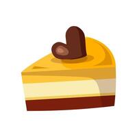 A slice of layered cheesecake with a chocolate heart topping and a glossy yellow glaze. vector