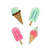 Set of pink and green ice cream in waffle cone, illustration isolated on white background. vector