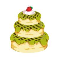A matcha layered cake with chocolate drizzle and strawberry topping. illustration vector