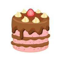 Strawberry cake with chocolate sauce topping and a slice of strawberry fruit on top vector