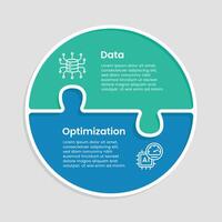 Modern AI business infographic with two puzzle steps, Data processing and Optimization. Clean, futuristic design with AI icons for technology, automation, and digital transformation. vector