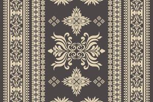 Seamless yellow and golden floral damask shape with geometric ethnic tradition pattern texture on brown and grey background vector