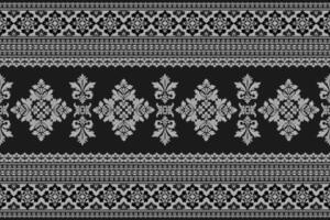 Seamless white floral and leaf damask shape with geometric ethnic tradition pattern texture on black background vector
