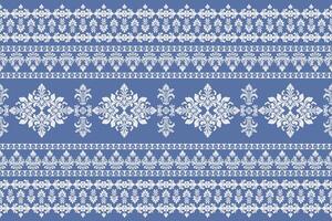 Seamless white floral damask shape with geometric ethnic tradition pattern texture on pastel navy blue background vector