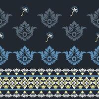 Seamless white and blue floral damask shape with geometric ethnic tradition pattern texture on black and grey background vector