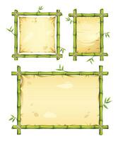 Set of bamboo frames in various shapes like square and rectangular with parchment backgrounds and bamboo leaves. Cartoon illustration vector