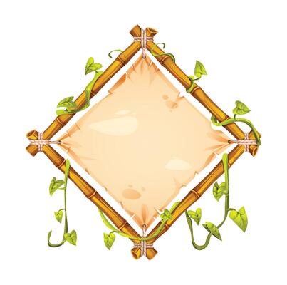 Bamboo frame with tropical vines and plants, framing a blank parchment, ideal for exotic and nature themed designs. Cartoon illustration