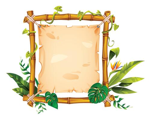 Bamboo frame decorated with leaves, vines, and tropical plants, perfect for nature themed designs with an empty parchment. Cartoon illustration