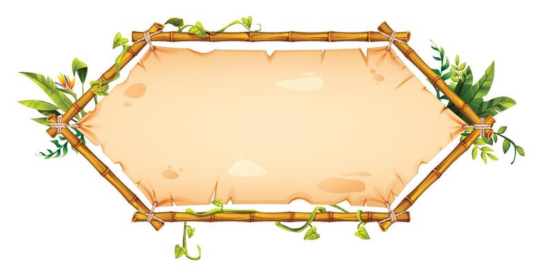 Hexagonal bamboo frame with tropical plants and vines framing an empty parchment paper. Cartoon illustration