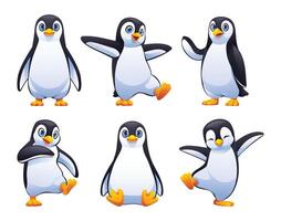 Set of cute penguins in playful, energetic poses, such as dancing and hopping, full of joy and expression. Cartoon illustration. vector