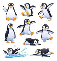 Set of cute penguins in various poses, including dancing, walking, and splashing snow. Cartoon illustrationa vector