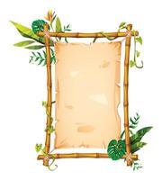Bamboo frame with tropical leaves and vines surrounding an empty parchment, ideal for nature themed designs. Cartoon illustration vector