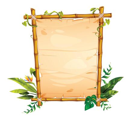 Natural bamboo frame with tropical plants and vines surrounding a blank parchment, perfect for jungle themed projects. Cartoon illustration