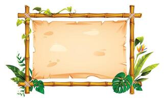 Bamboo frame adorned with tropical leaves, vines, and flower, framing an empty parchment paper. Cartoon illustration vector