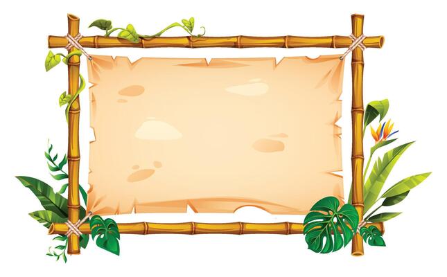 Bamboo frame adorned with tropical leaves, vines, and flower, framing an empty parchment paper. Cartoon illustration