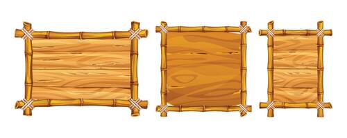 Collection of bamboo frames with wooden backgrounds in different shapes, including rectangular and square. Cartoon illustration vector
