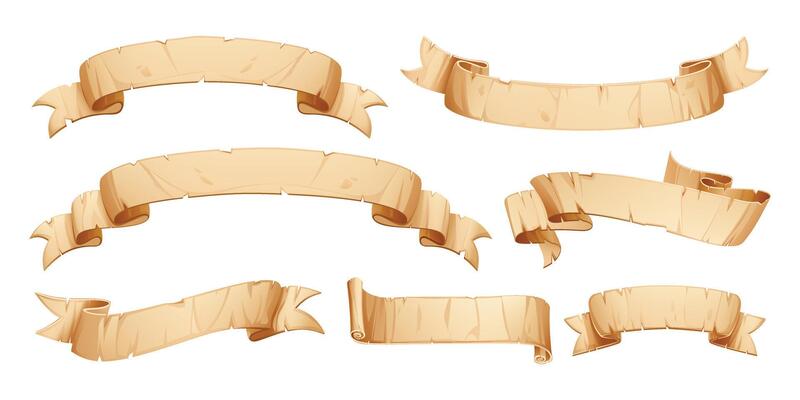 Variety of parchment ribbons in different orientations. Blank vintage paper, perfect for historical or fantasy themes. Cartoon illustration