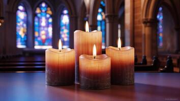 Four Illuminated Candles in a Church Setting with Stained Glass Windows photo